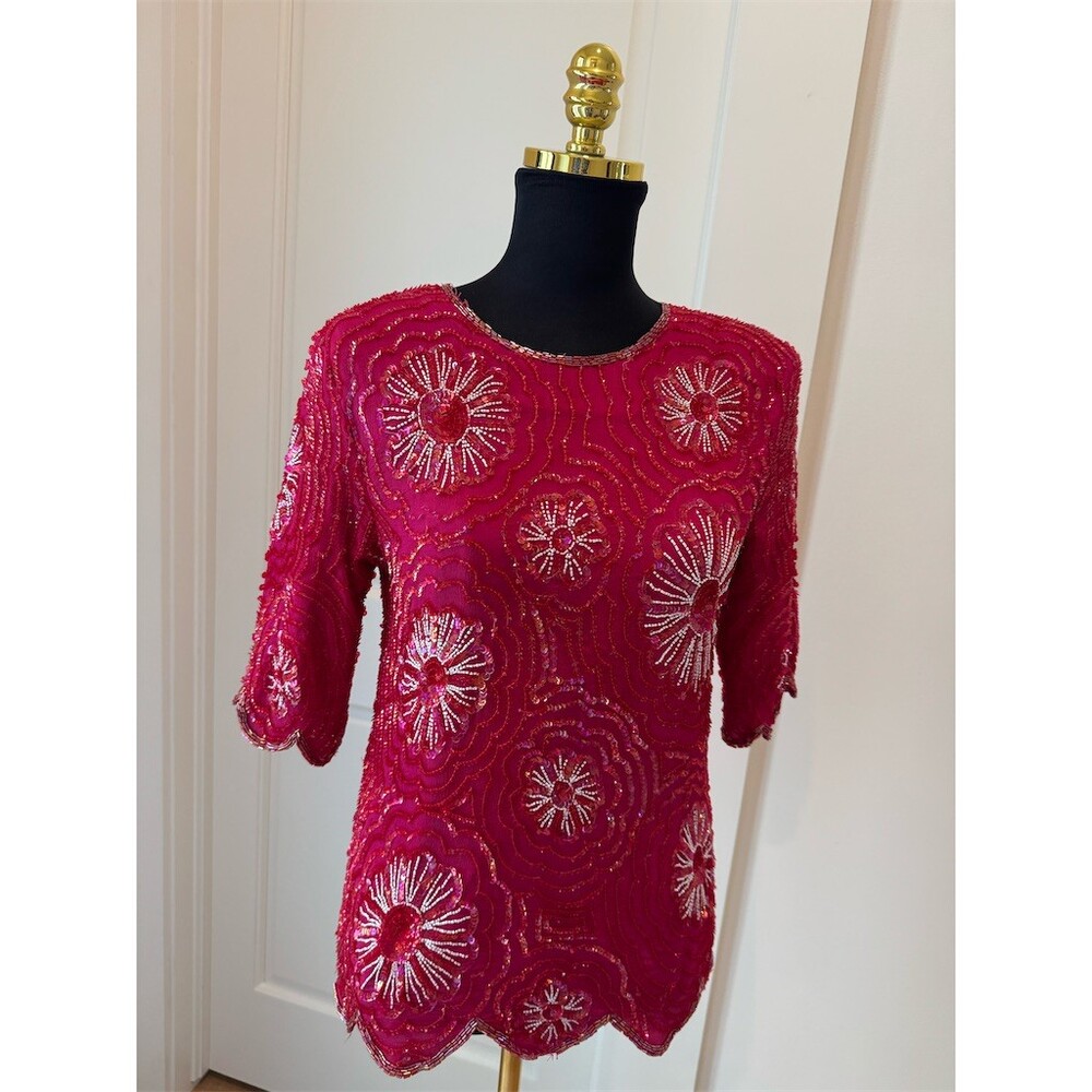 Vintage Carina Blouse Womens S Fuchsia Pink Beaded Sequin Floral Silk 1980s Glam